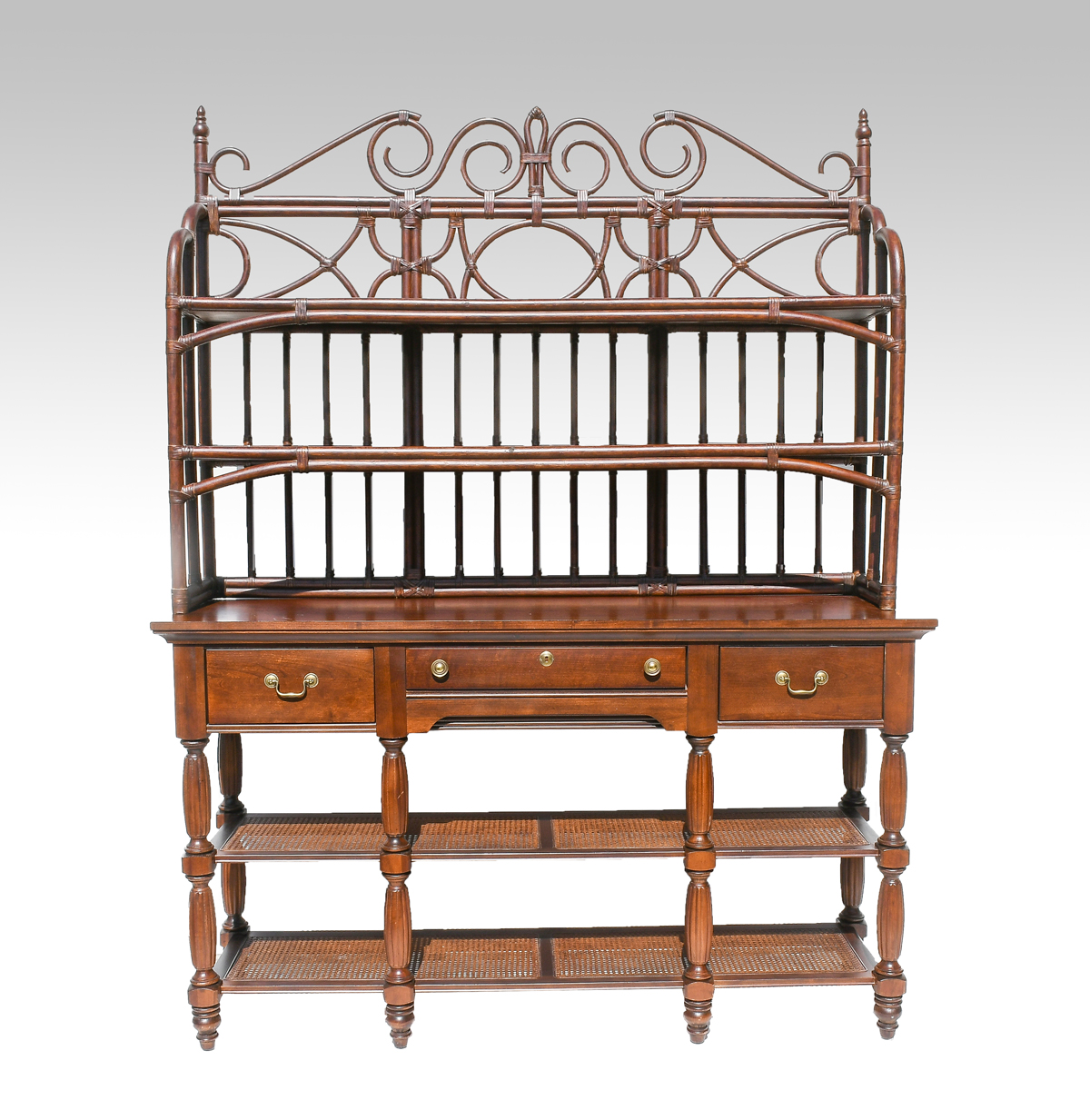 Appraisal: BROYHILL CARVED FRENCH STYLE BAKER'S RACK Two shelf Rattan upper