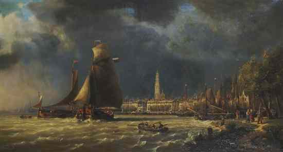 Appraisal: Charles Kuwasseg French - Gathering at the Port oil on