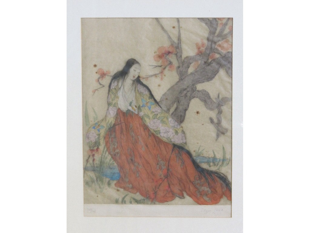 Appraisal: ELYSE ASHE LORD Tinted etching 'Girl by a Tree' signed