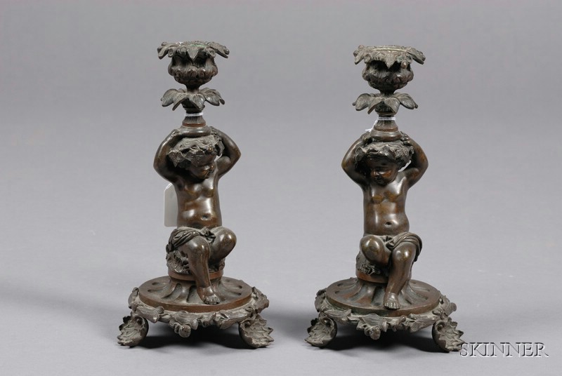 Appraisal: Pair of Bronze Cherub Candlesticks France th century each figure