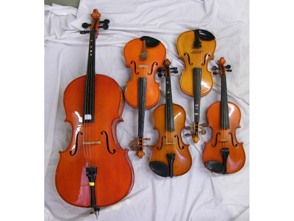 Appraisal: Quarter size Stentor student model violoncello also four various contemporary