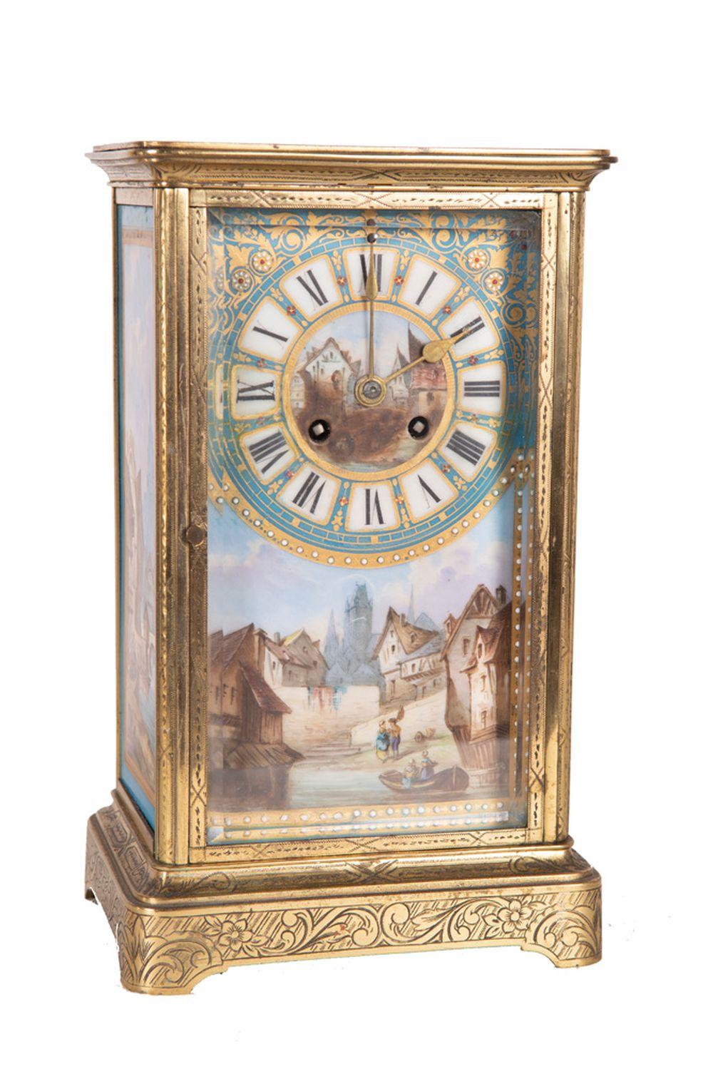 Appraisal: CONTINENTAL PAINTED PORCELAIN BRASS MANTLE CLOCKCondition with no glass panels