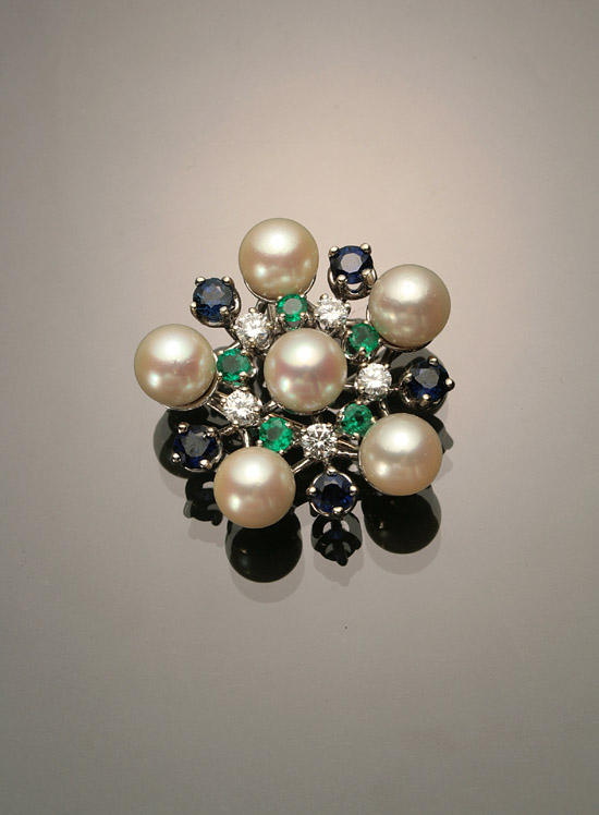 Appraisal: -Karat White-Gold Diamond Blue Sapphire Emerald and Cultured Pearl Pendant