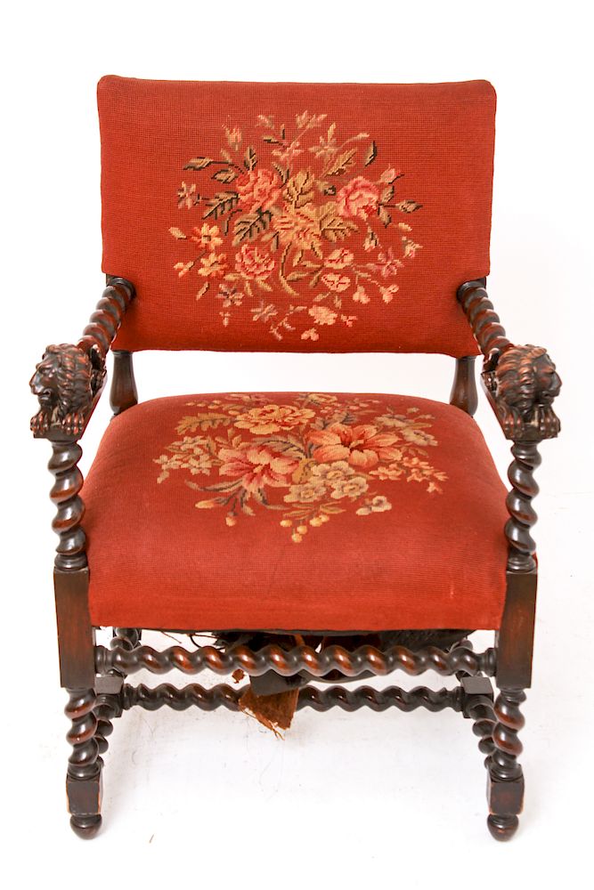 Appraisal: English Barley Twist Lion Carved Armchair Chair English barley twist