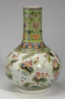 Appraisal: Chinese bottle neck vase lotus blossoms and fu bats Chinese