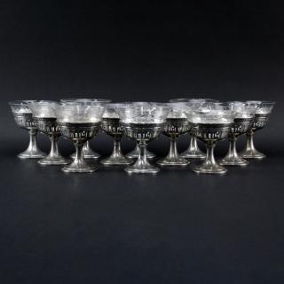 Appraisal: Set of Twelve Antique Sterling Silver and Etched Crystal Stemware