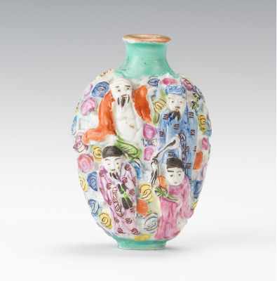 Appraisal: Chinese Famille Porcelain Snuff Bottle with Eight Immortals Molded porcelain