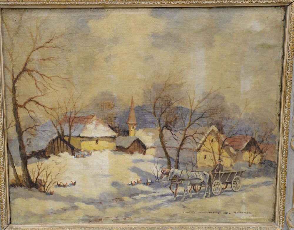 Appraisal: Framed oil on canvas Bela Nemeth snow landscape with horse