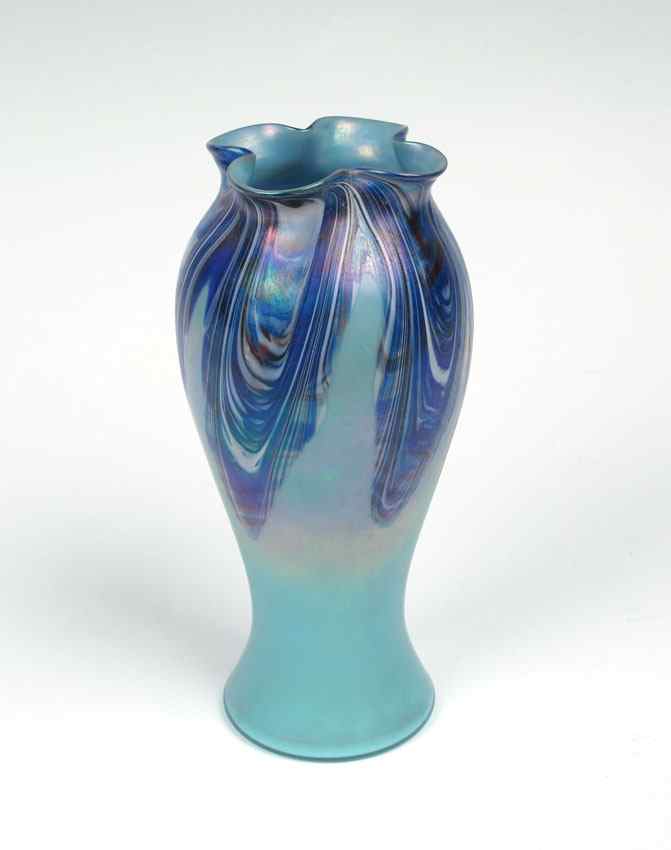 Appraisal: RINDSKOPF BOHEMIAN ART GLASS VASE Iridescent blue glass with pulled