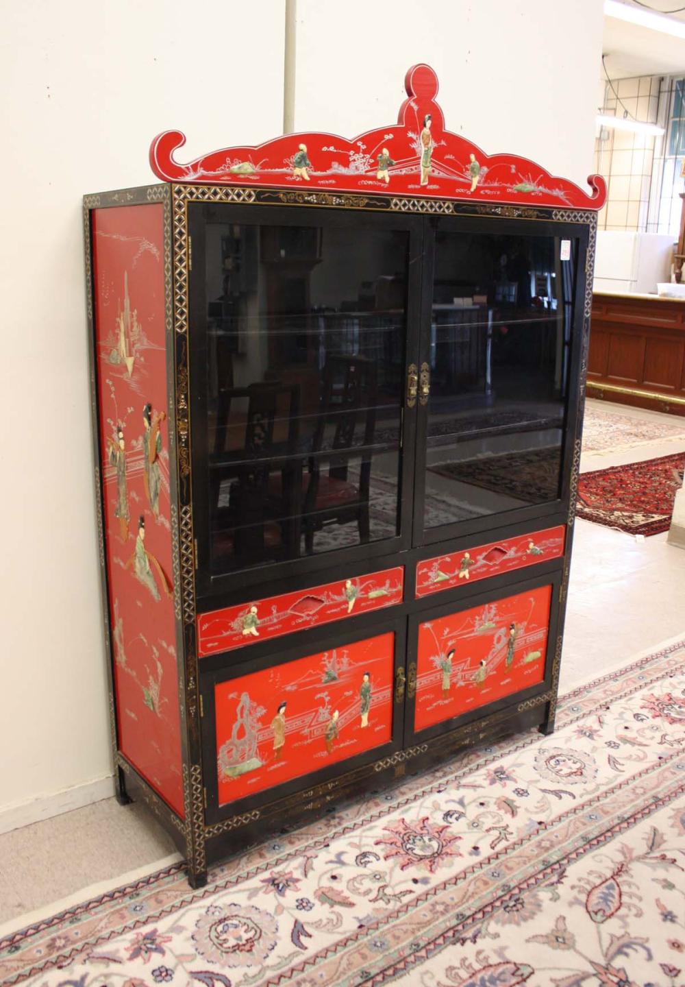 Appraisal: CHINESE EXPORT CHINA CABINET red black lacquer finish with applied