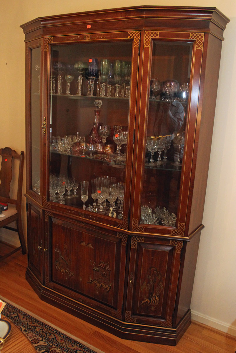 Appraisal: Chinoiserie decorated china cabinet cherry wood and beveled glass