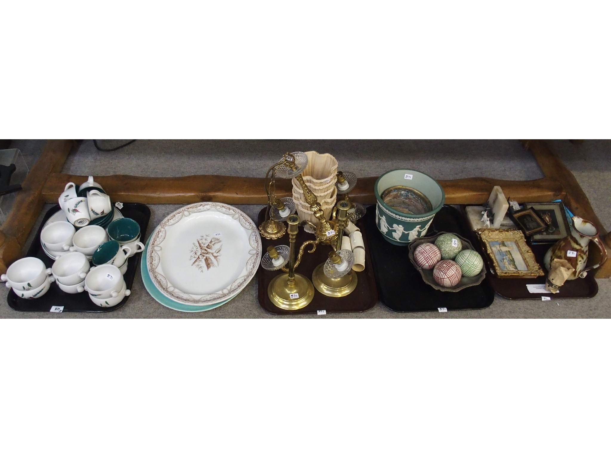 Appraisal: Five trays comprising Denby stoneware partial dinner set brass chandelier