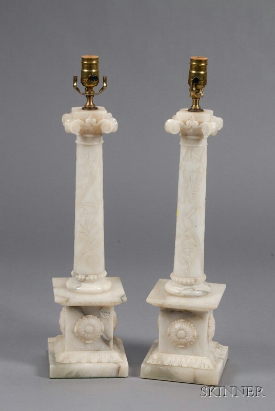 Appraisal: Pair of Classical Revival Carved Alabaster Column-form Lamp Bases early