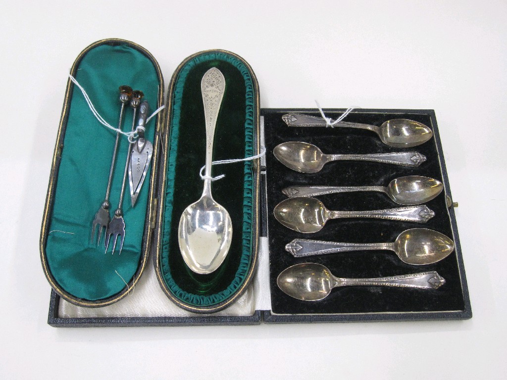 Appraisal: Lot comprising cased set of six silver spoons christening spoon