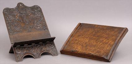 Appraisal: RENAISSANCE-STYLE RELIEF-CARVED OAK BOOKREST AND BURR WALNUT REST The one