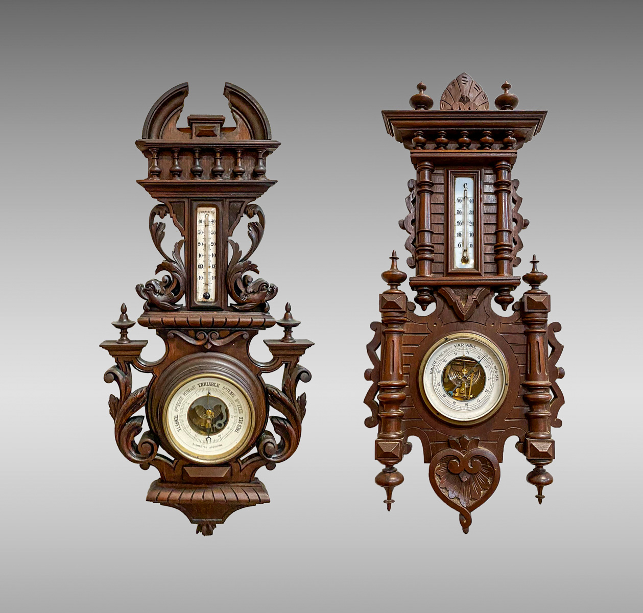 Appraisal: LOT OF VICTORIAN CARVED WALNUT BAROMETERS Carved Aneroid Barometer whose