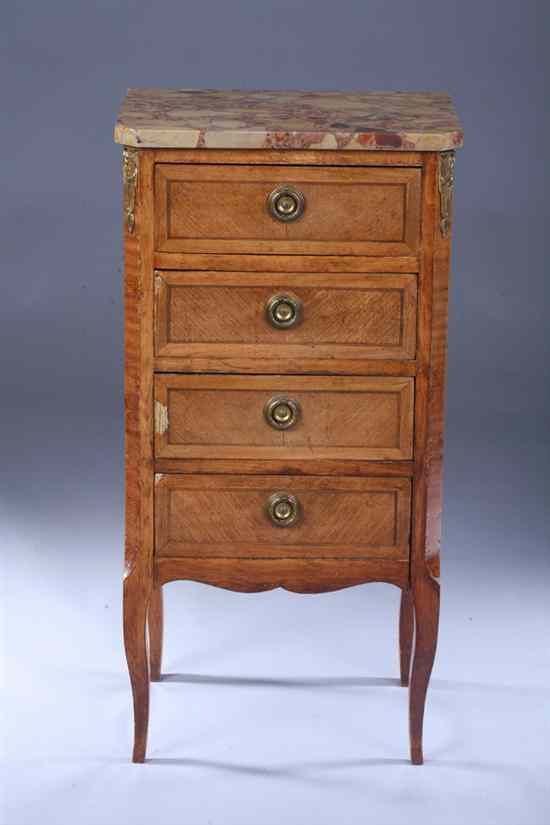 Appraisal: LOUIS XVI STYLE TULIPWOOD INLAID MARBLE-TOP NIGHT STAND th century