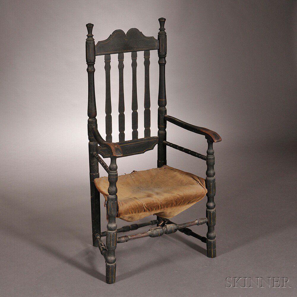 Appraisal: Black-painted Banister-back Armchair Rhode Island th century with a shaped