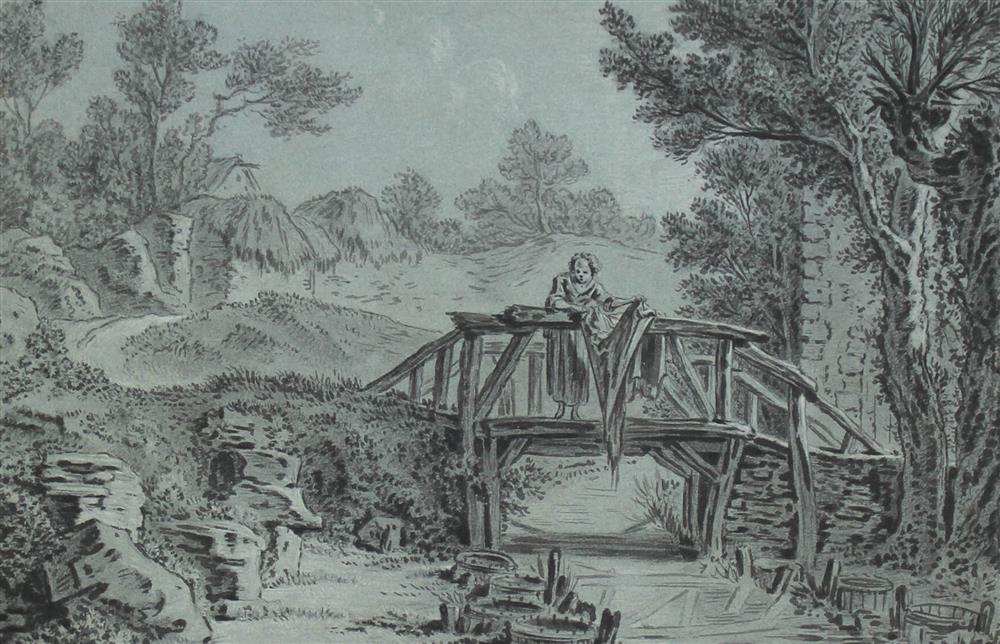 Appraisal: FRENCH SCHOOL TH TH CENTURY WOMAN ON FOOT BRIDGE Ink