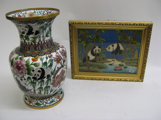 Appraisal: TWO CHINESE ART OBJECTS One a Cloisonn vase Panda Bear