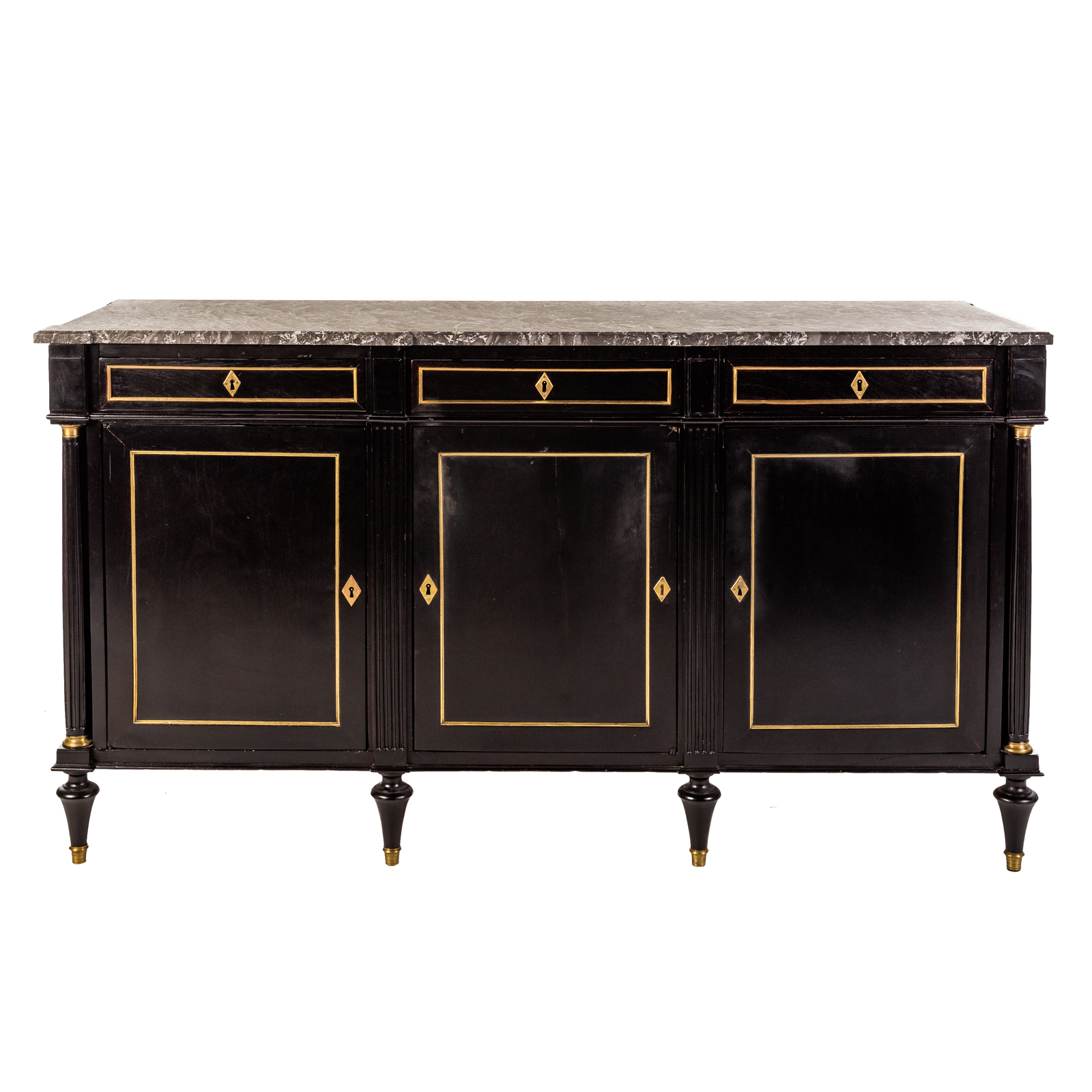 Appraisal: EDWARDIAN EBONIZED MARBLE TOP SIDEBOARD Early th century with shaped