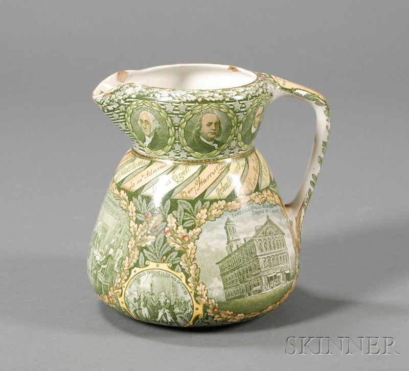 Appraisal: Green Transfer-decorated Staffordshire Pottery Pitcher with American Historical Figures Buildings