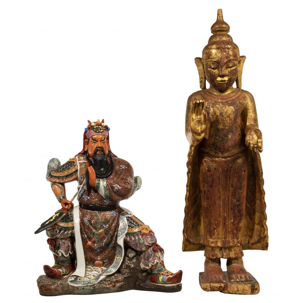 Appraisal: ASIAN CERAMIC AND WOOD STATUARY items including a painted cast