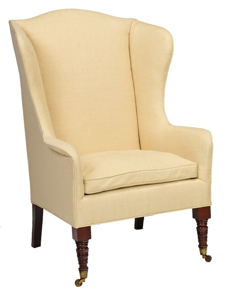 Appraisal: Regency Mahogany Upholstered Wing Chair British th century with arched