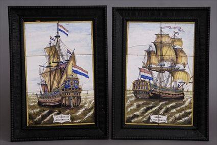 Appraisal: TWO PAIRS OF DUTCH POLYCHROME DELFT TILE MARINE PICTURES The