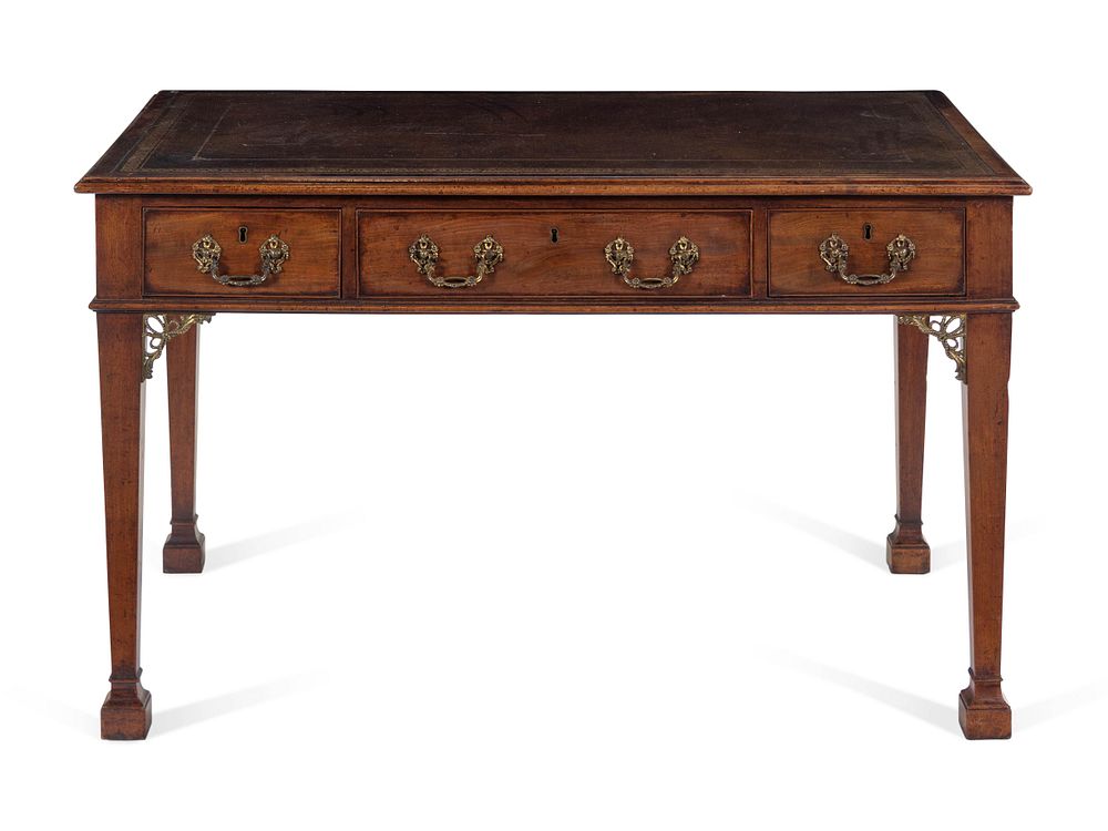 Appraisal: A George III Tooled-Leather Inset Mahogany Marlborough-Foot Writing Table A