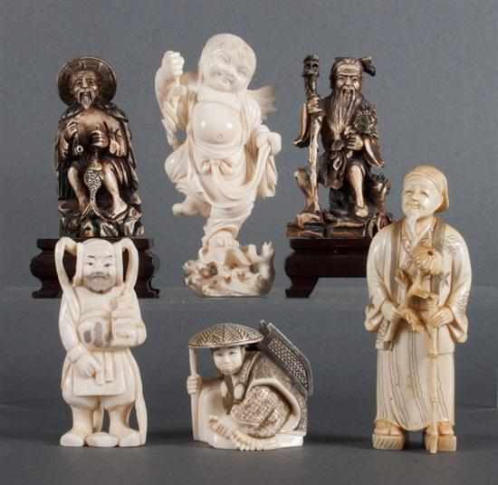 Appraisal: Six Japanese carved ivory figures figures include Hotai man holding