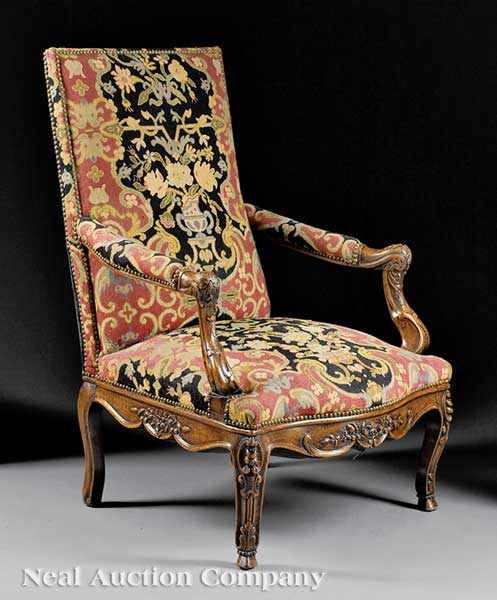 Appraisal: A Good Antique R gence-Style Carved Walnut and Needlepoint Fauteuil