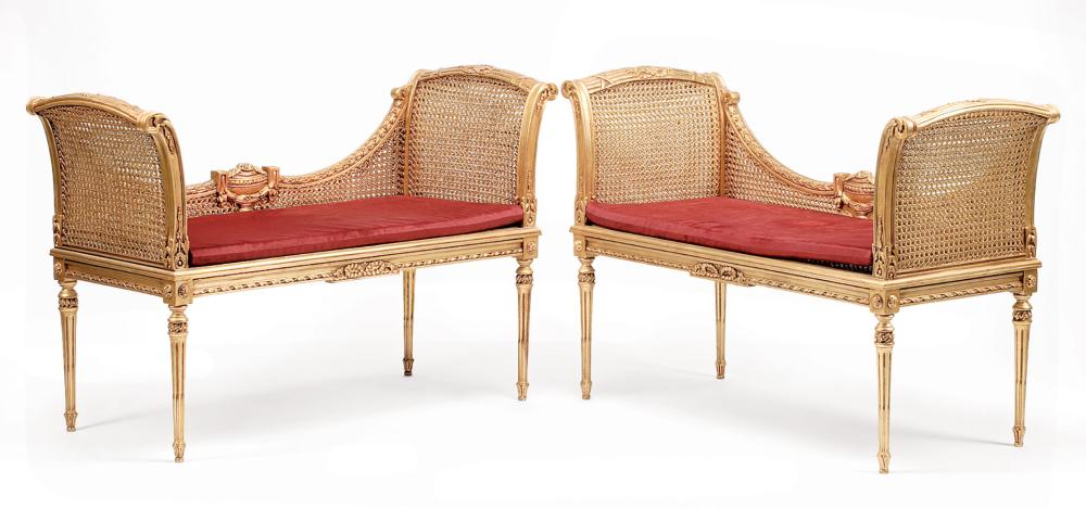 Appraisal: Pair of Louis XVI-Style Giltwood and Caned Window Benches bellflower