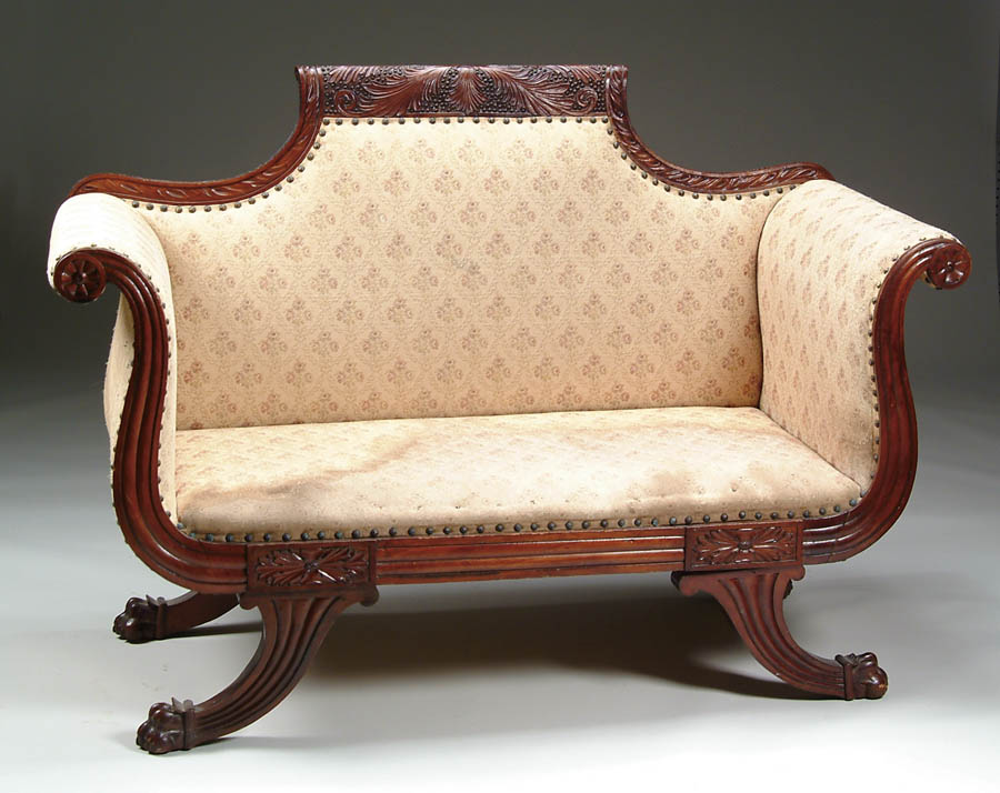 Appraisal: MAHOGANY CARVED DUNCAN PHYFE STYLE SETTEE Small size with crest