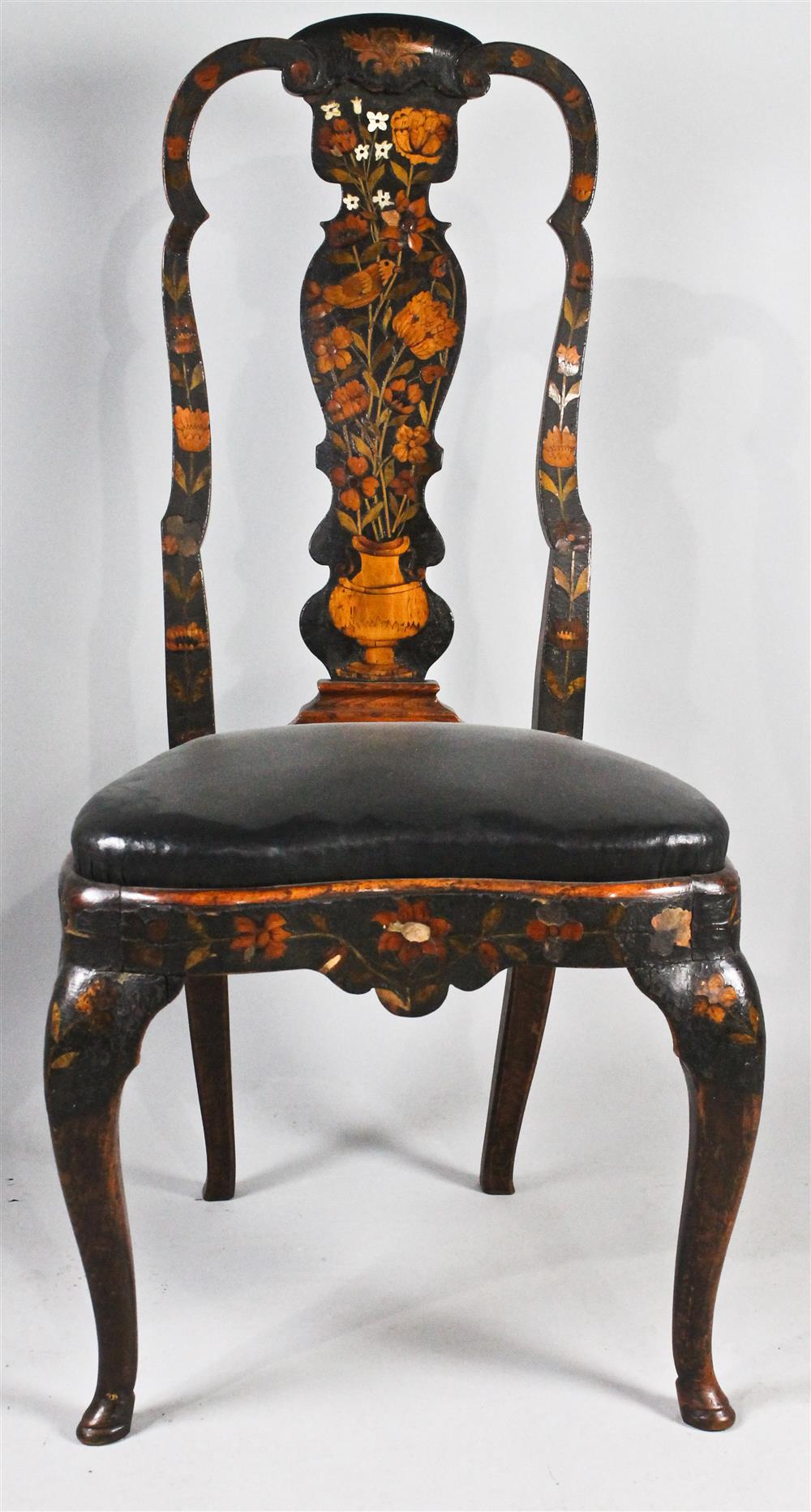 Appraisal: CONTINENTAL MARQUETRY QUEEN ANNE ELMWOOD SIDE CHAIR having a shaped