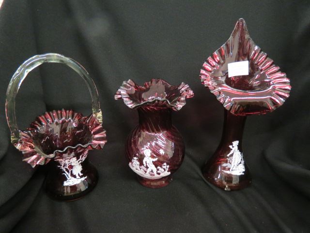 Appraisal: pcs Cranberry Art Glass basket vase and Jack-in-the-Pulpit vase Mary