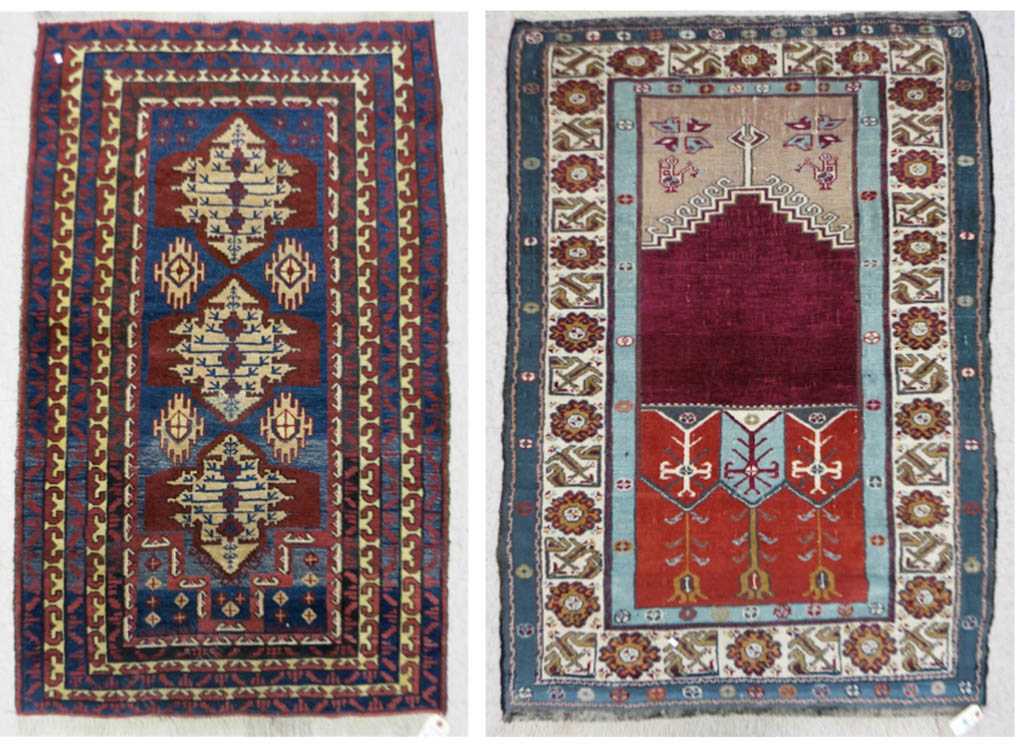 Appraisal: TWO HAND KNOTTED ORIENTAL AREA RUGS antique Turkish prayer rug