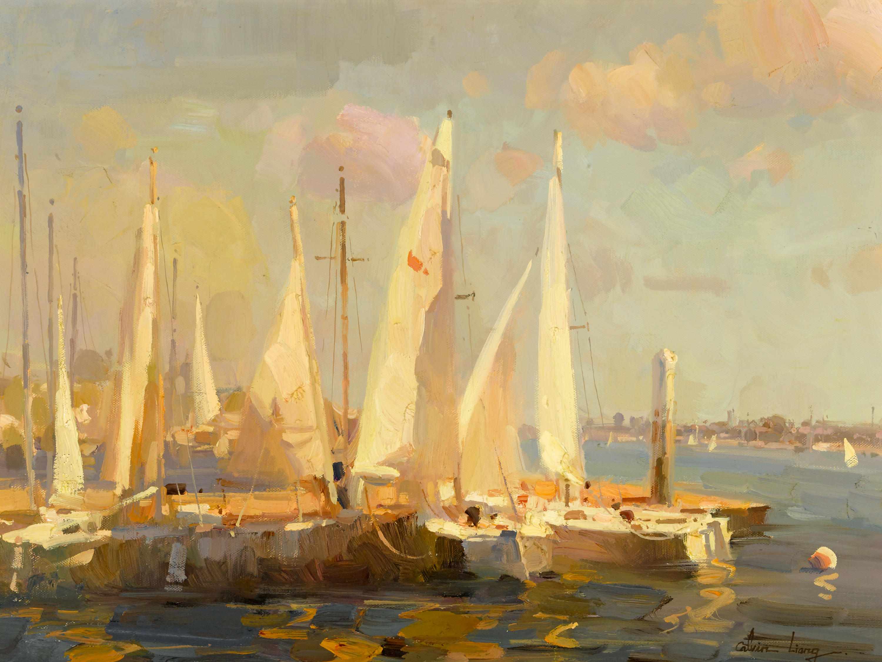 Appraisal: Calvin Liang Chinese American born Sailboats in Newport Beach signed