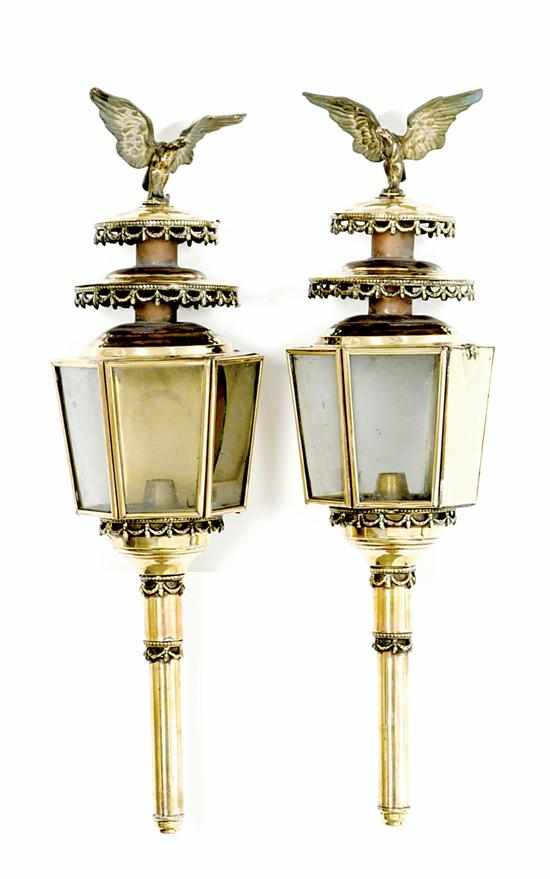 Appraisal: Pair English brass coach lanterns late th century eagle finial