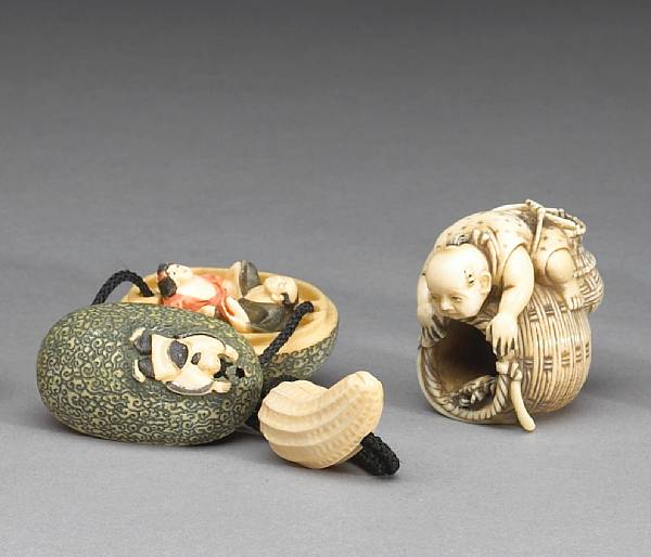 Appraisal: Two contemporary ivory netsuke studies The first a hako manju