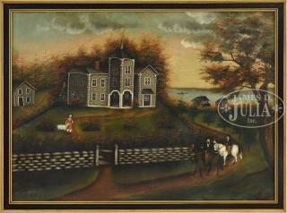 Appraisal: AMERICAN SCHOOL th century AUTUMN FOLK ART LANDSCAPE WITH FIGURES