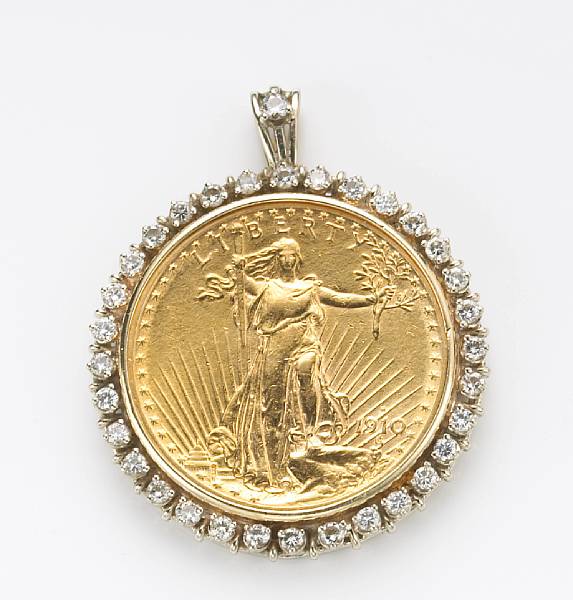 Appraisal: A Saint-Gaudens gold coin diamond and k gold pendant estimated