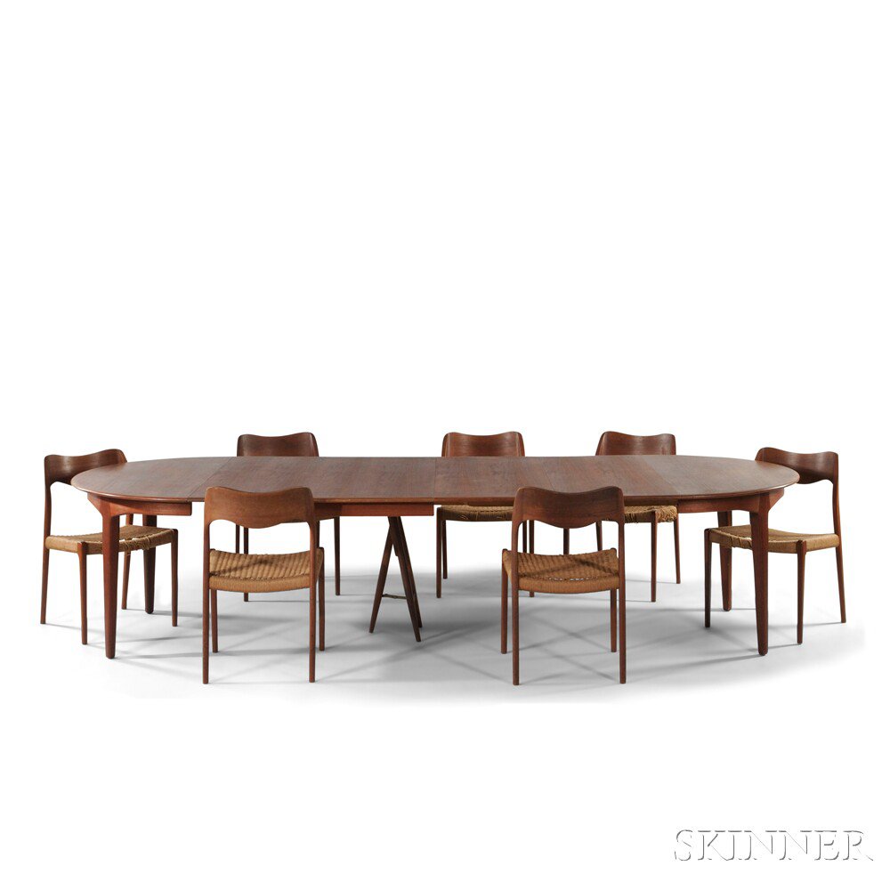 Appraisal: J L Moller Dining Table and Seven Chairs Teak cord