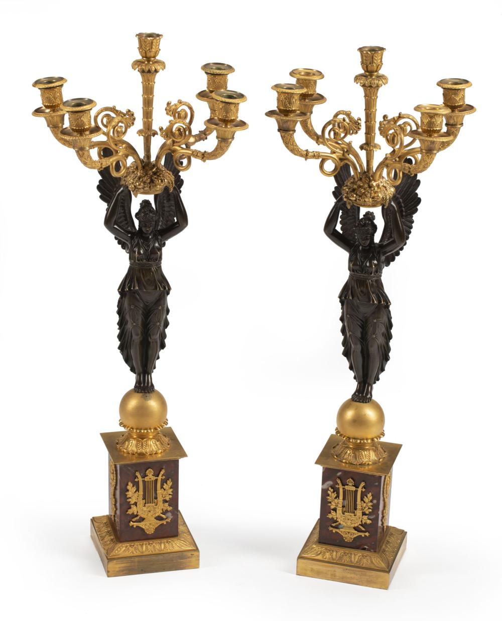 Appraisal: Pair of Empire-Style Patinated and Gilt Bronze Winged Victory Five-Light