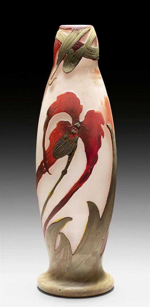 Appraisal: MULLER FR RES VASE circa Acid-etched white glass with red