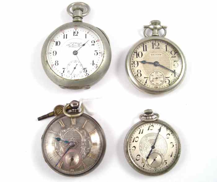 Appraisal: FOUR OPENFACE POCKET WATCHES Elgin model size c B Waltham