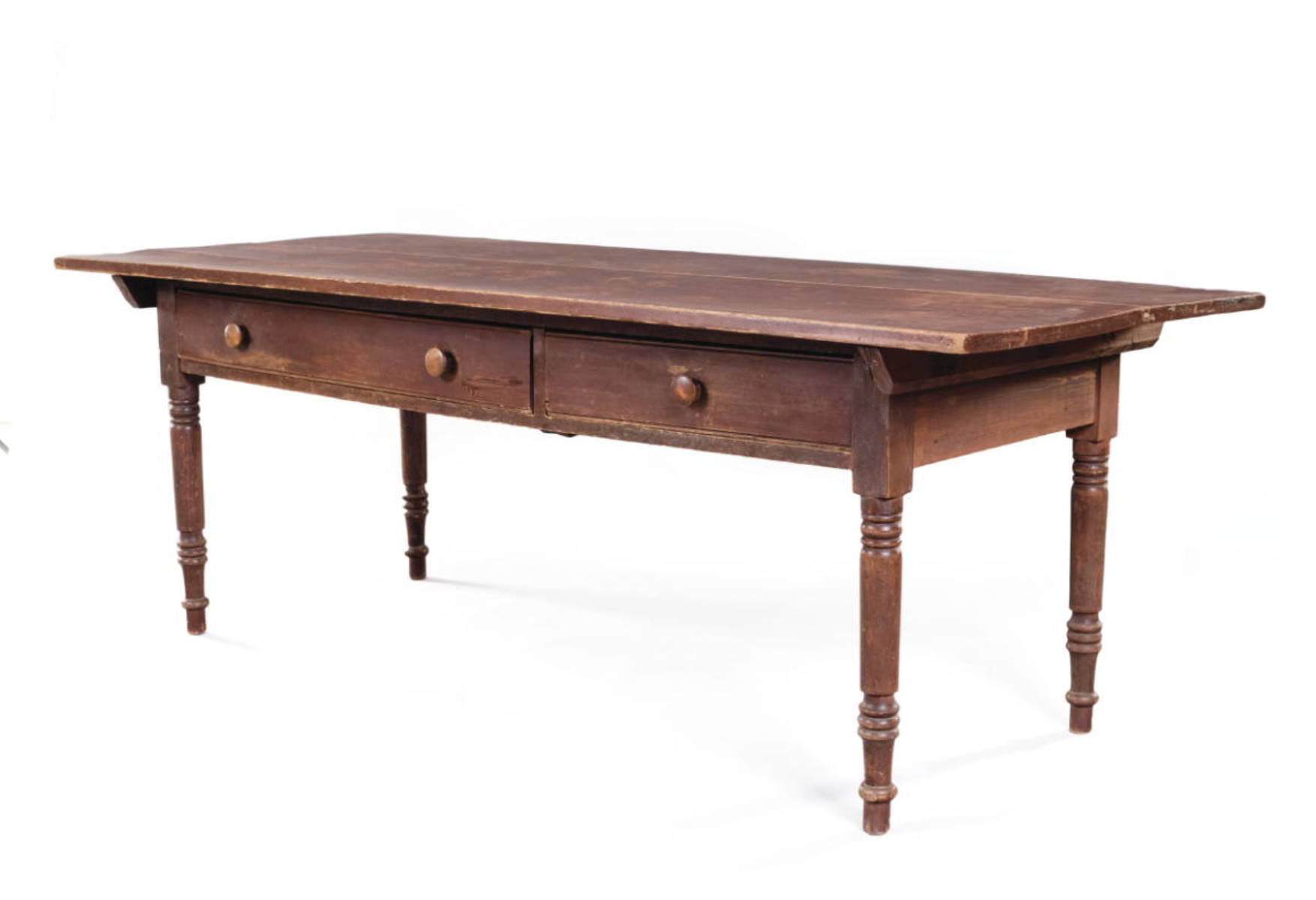 Appraisal: PENNSYLVANIA COUNTRY SHERATON RED PAINTED TWO-DRAWER FARM TABLE Height inches