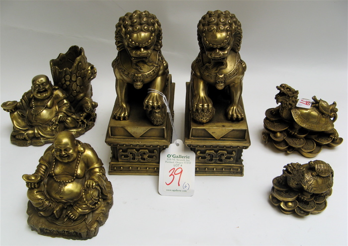 Appraisal: SIX CHINESE GILT BRONZE AND BRASS ITEMS pair of foo