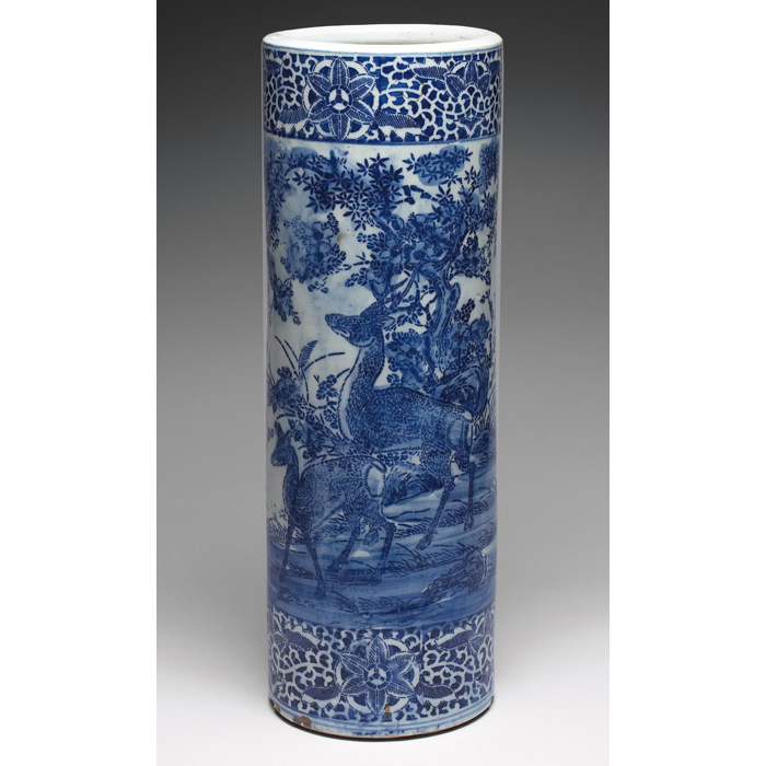 Appraisal: Asian Export umbrella stand blue transfer decoration with deer and