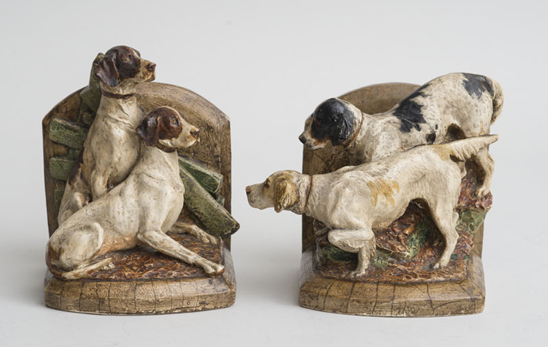 Appraisal: PAIR OF PAINTED COMPOSITION HOUND-FORM BOOKENDS Impressed circle mark 'Kathleen